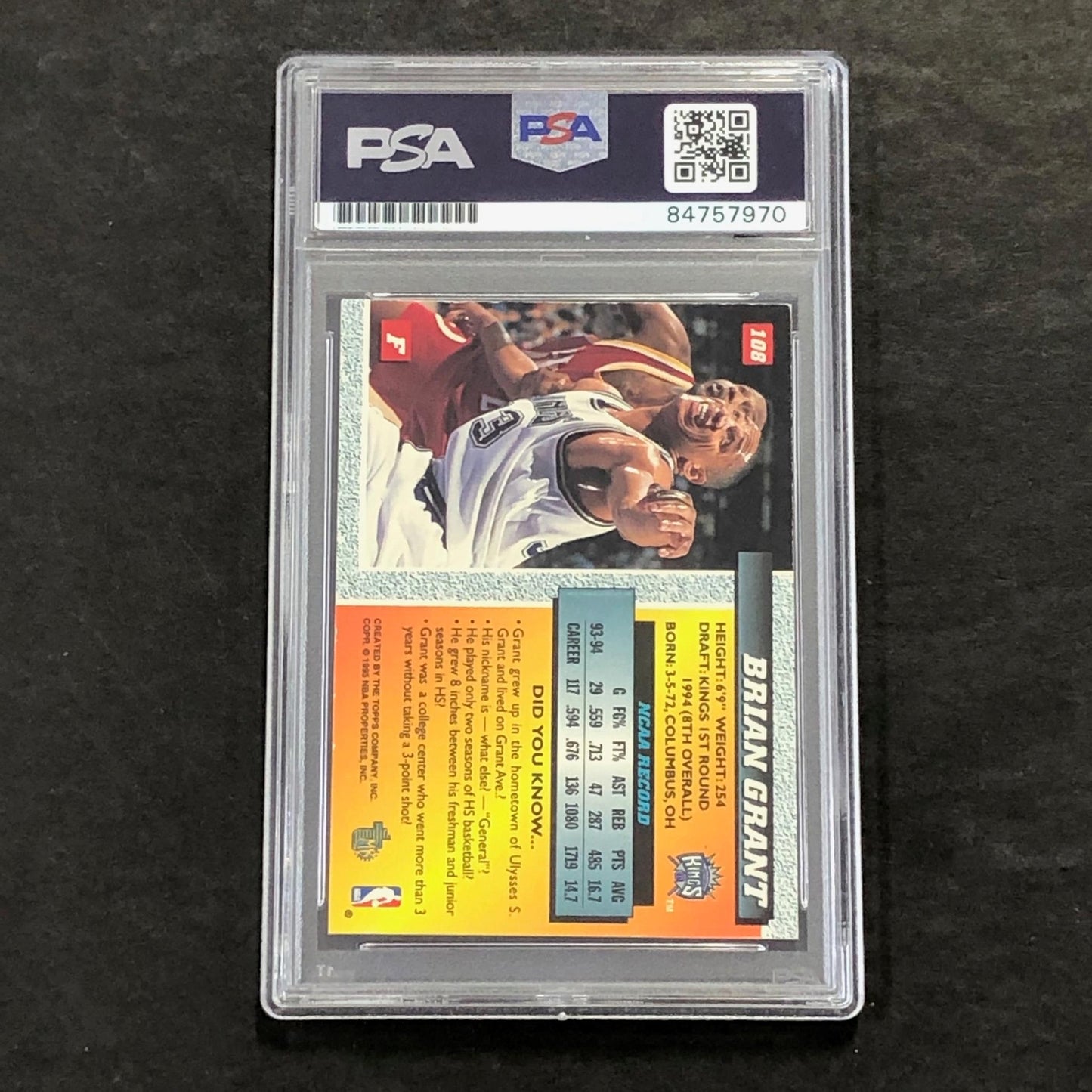 1994 Topps Draft Picks #108 Brian Grant Signed Card AUTO PSA Slabbed Kings