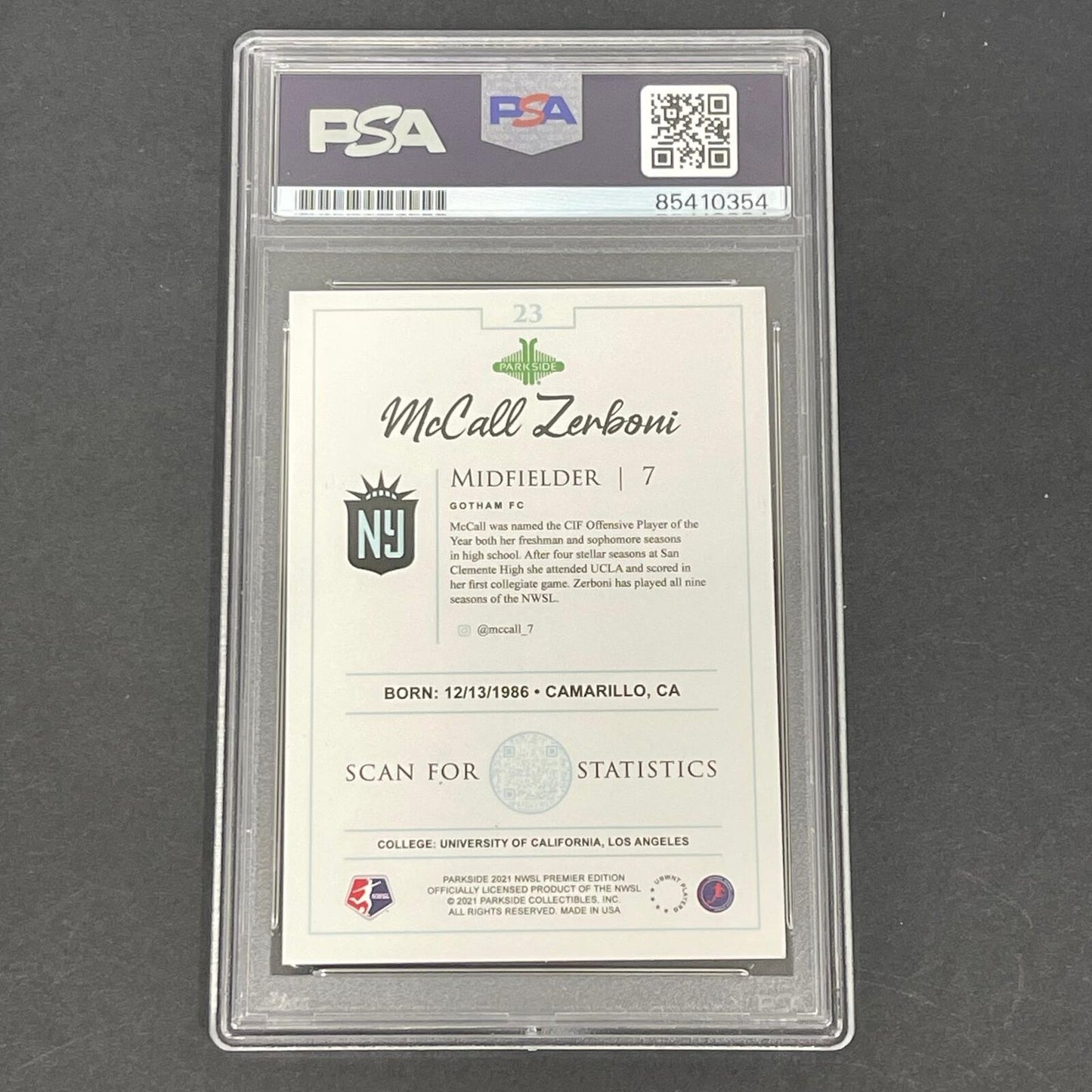 2021 Parkside NWSL Premier #23 McCall Zerboni Signed Card PSA Slabbed