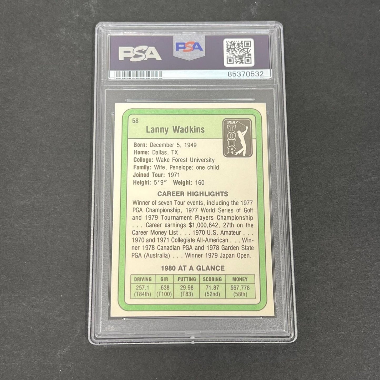 1980 Donruss PGA Tour #58 Lanny Wadkins Signed Card PSA/DNA Slabbed AUTO Golf