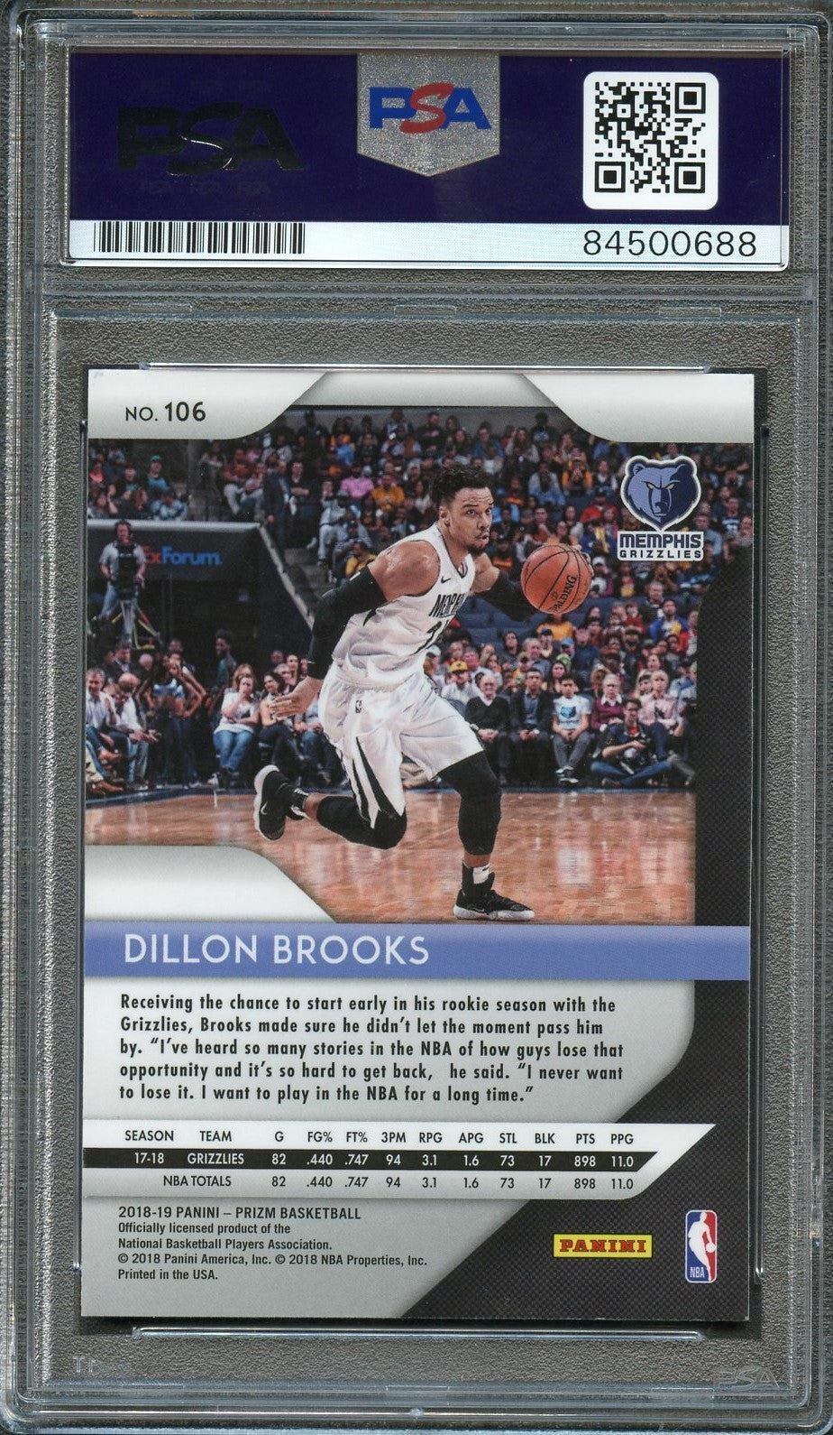 2018-19 Panini Prizm #106 Dillon Brooks Signed Card AUTO 10 PSA Slabbed Grizzlie