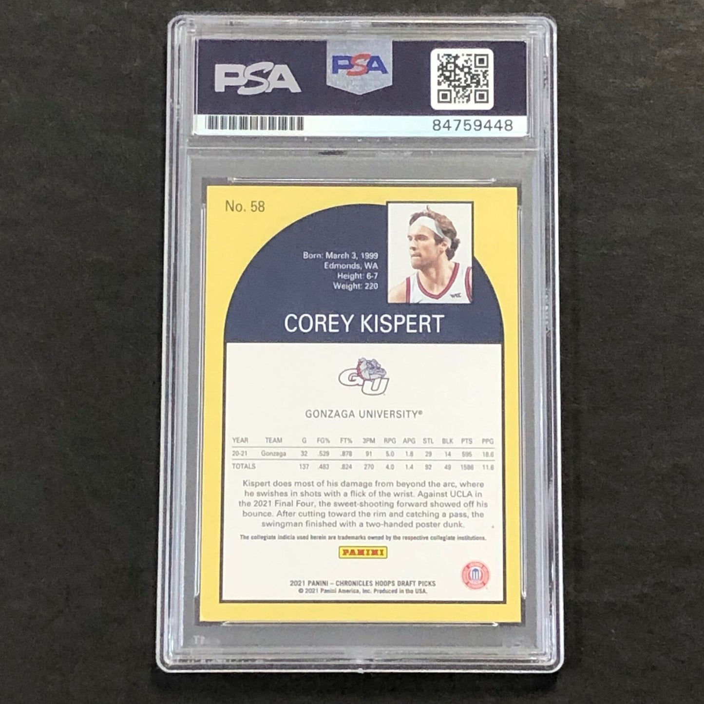 2021 Panini Chronicles Hoops #58 COREY KISPERT Signed Card AUTO PSA Slabbed Gonz