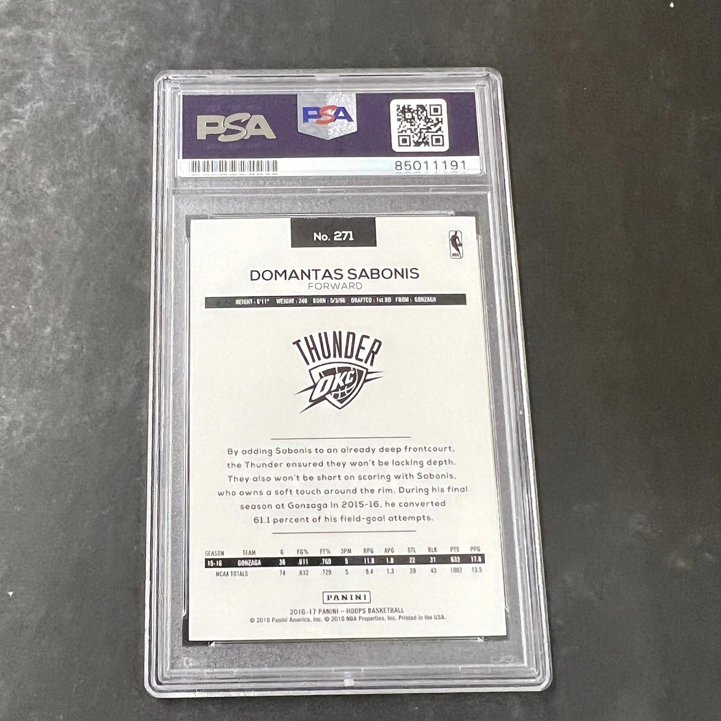 2016-17 NBA HOOPS #271 DOMANTAS SABONIS Signed Card AUTO PSA Slabbed RC Thunder