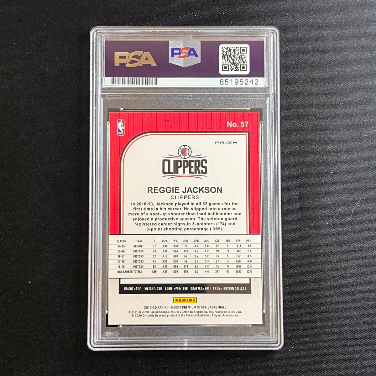 2019-20 Panini Hoops Premium Stock #57 Reggie Jackson Signed Card AUTO PSA Slabb