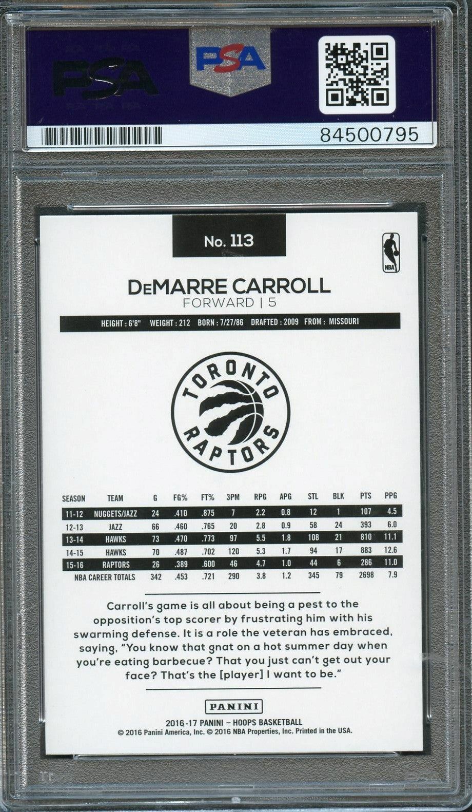 2016-17 NBA Hoops #113 DeMarre Carroll Signed Card AUTO 10 PSA Slabbed Raptors