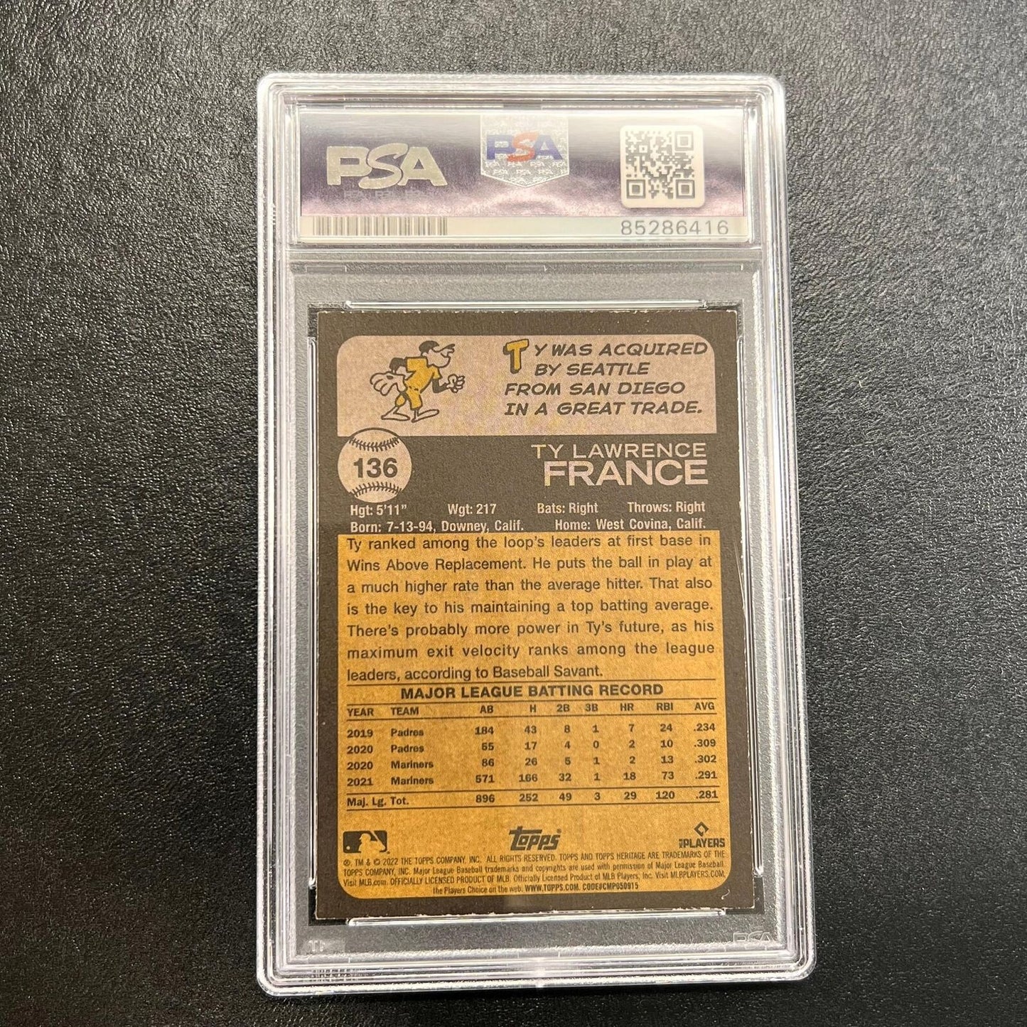 2022 TOPPS #136 Ty France Signed Card PSA Slabbed AUTO Mariners