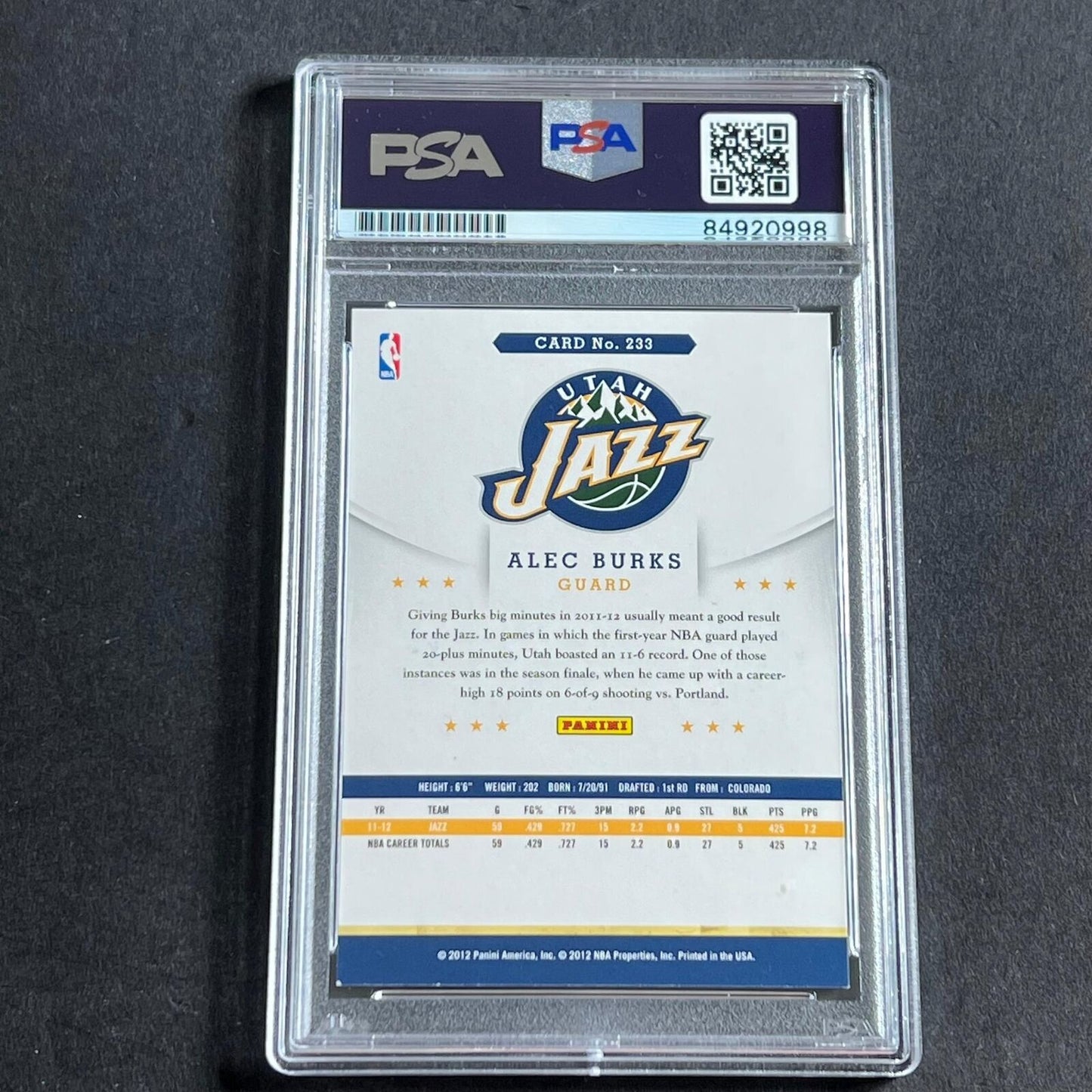 2012-13 NBA Hoops #233 Alec Burks Signed Card AUTO PSA Slabbed Jazz