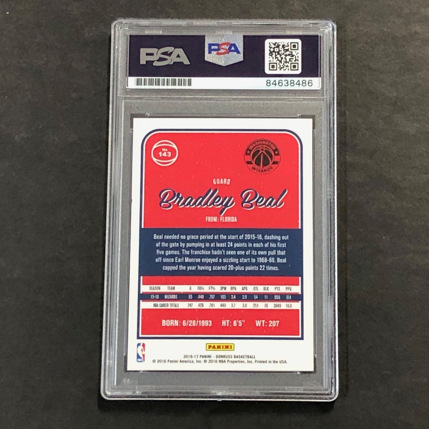 2016-17 Donruss Basketball #143 Bradley Beal Signed Card AUTO PSA Slabbed Wizard