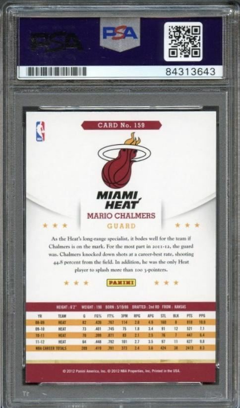 2012-13 NBA Hoops #159 Mario Chalmers Signed Card AUTO Grade 10 PSA Slabbed Heat