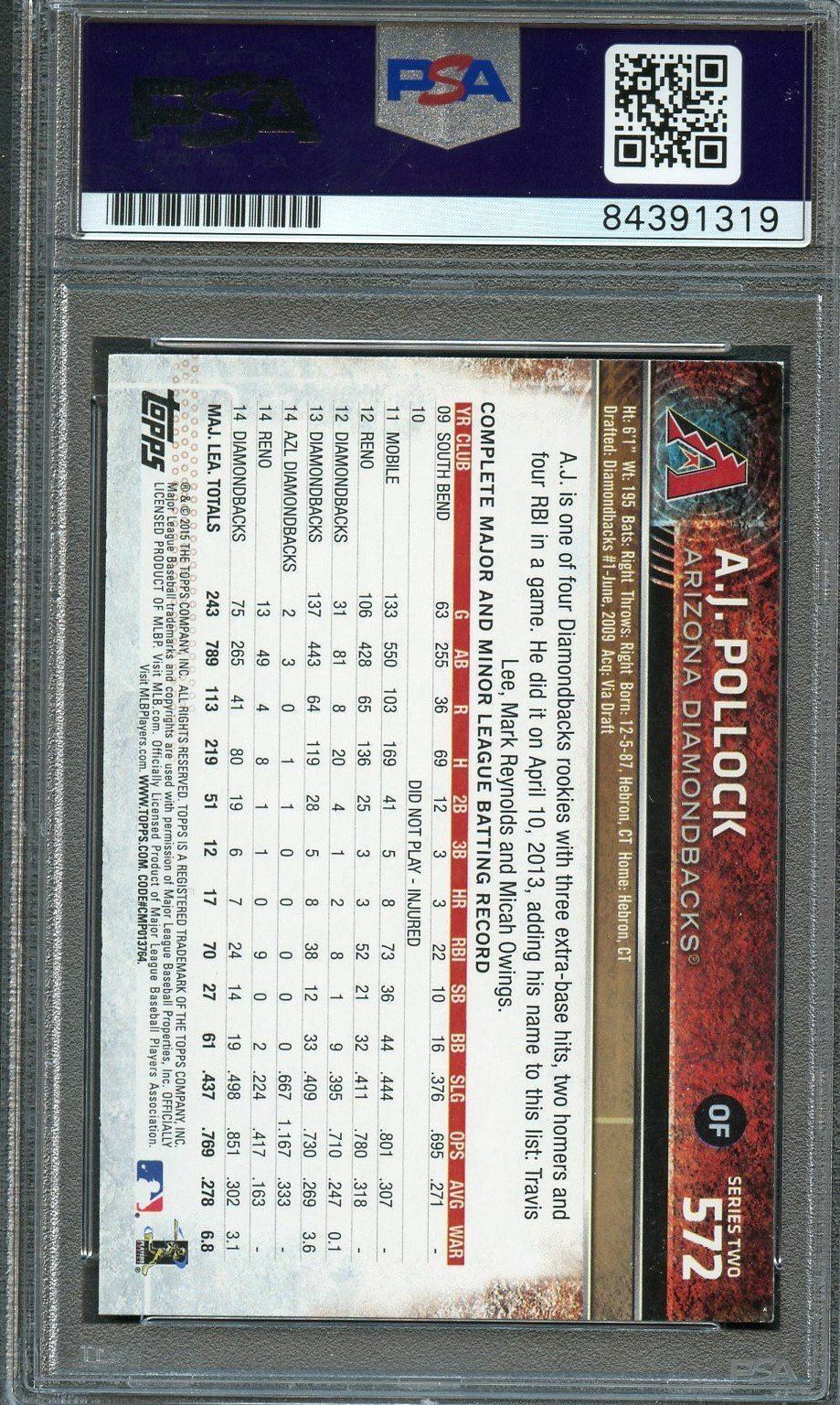2015 Topps Series 2 #572 AJ Pollock Signed Card PSA/DNA Slabbed AUTO Diamondback
