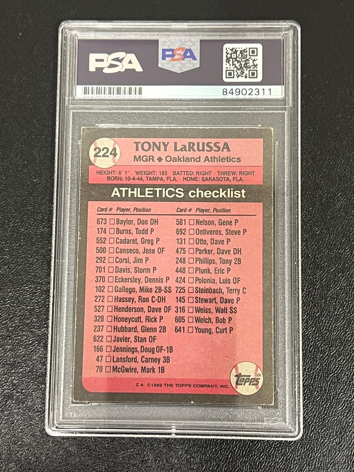 1989 Topps #224 Tony La Russa Signed Card Auto PSA Slabbed Oakland Athletics