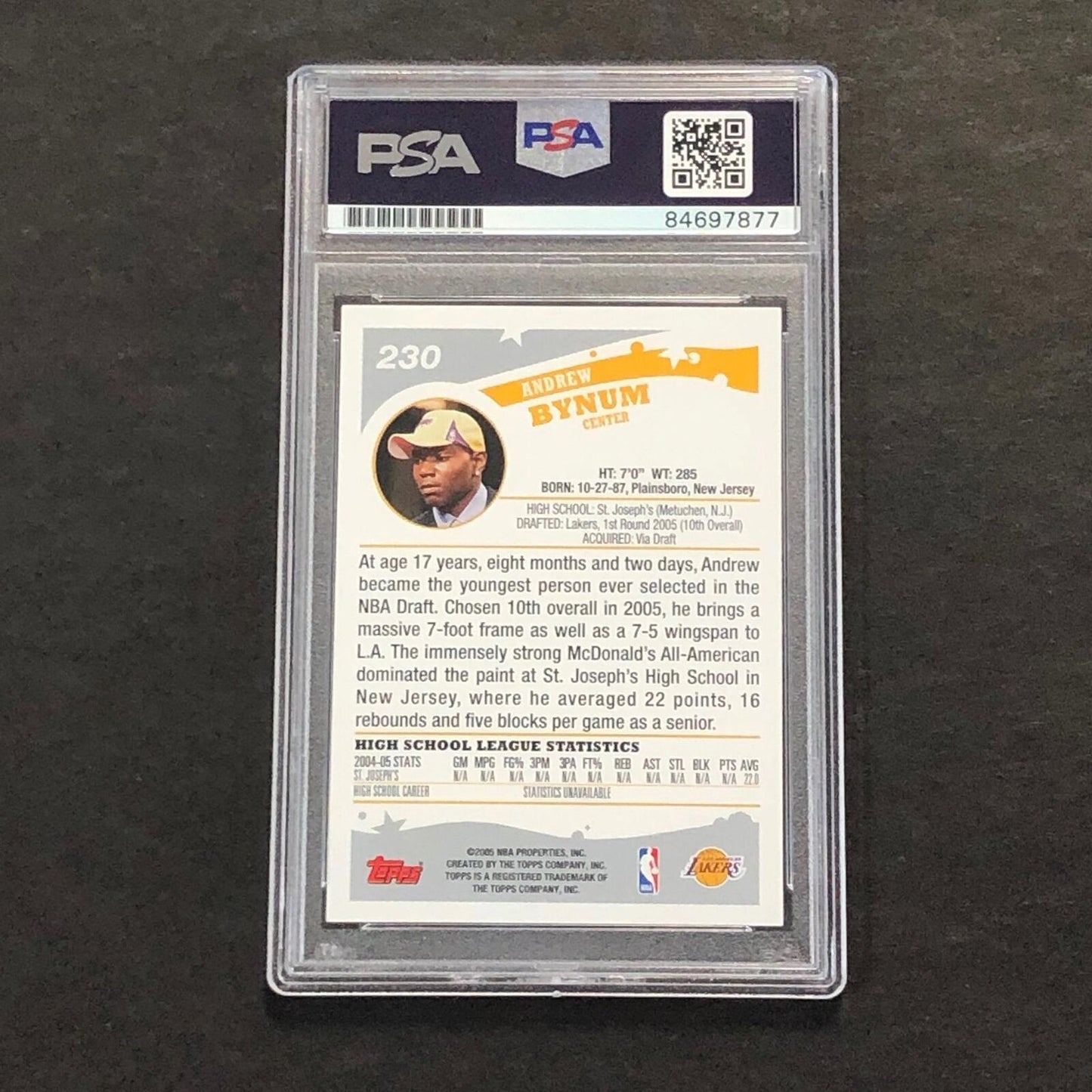2005-06 Topps #230 Andrew Bynum Signed Card AUTO PSA Slabbed Lakers
