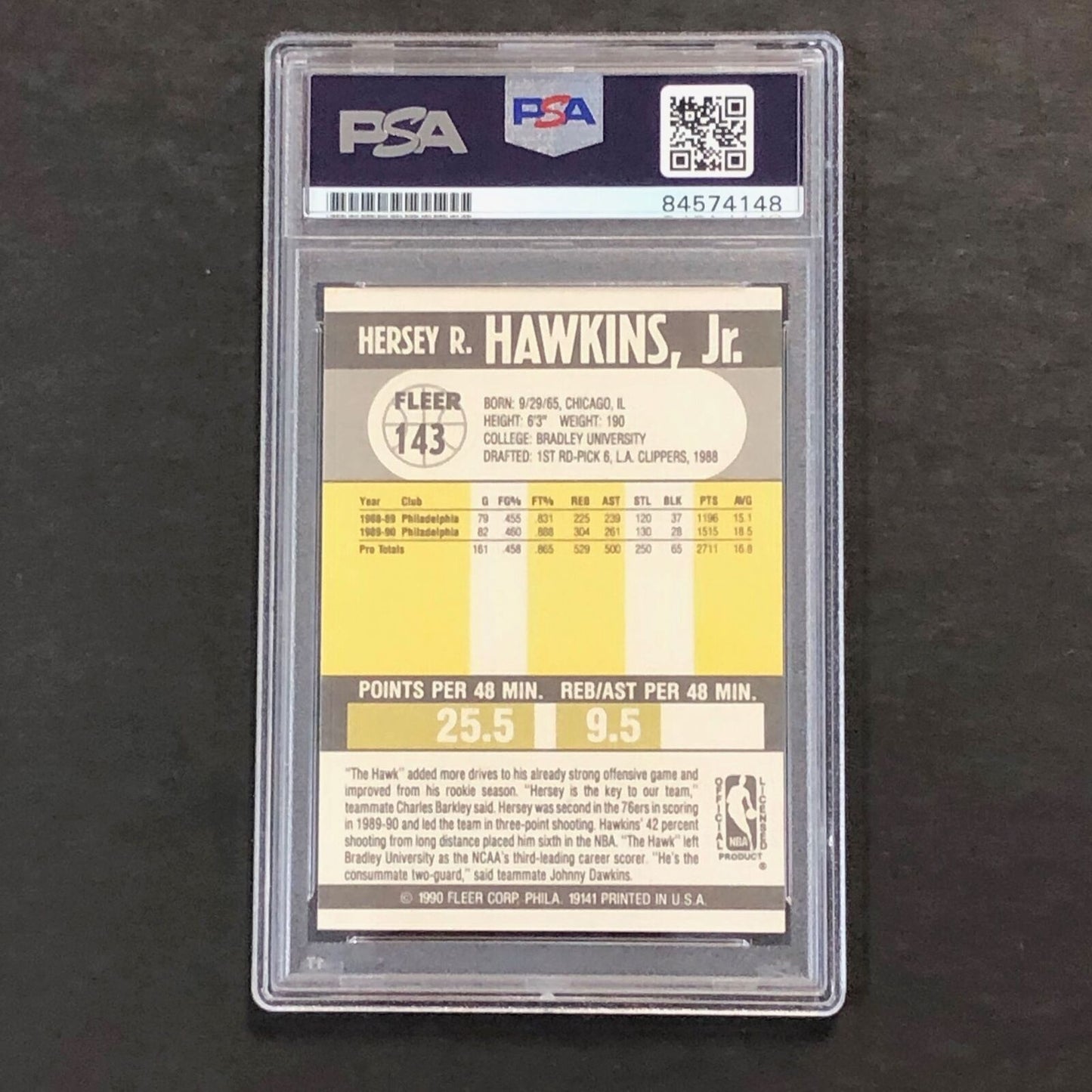 1990-91 FLEER #143 Hersey Hawkins Signed Card AUTO PSA Slabbed 76ers