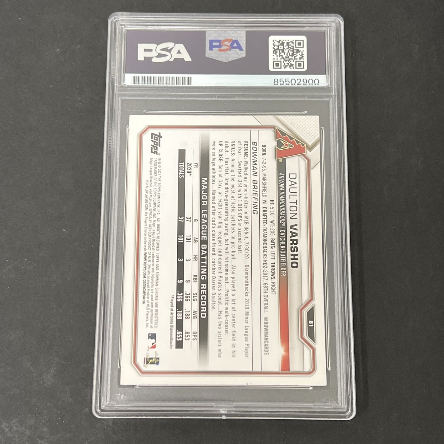 2021 Topps Bowman #81 Daulton Varsho Rookie signed card PSA Auto 10 Diamondbacks