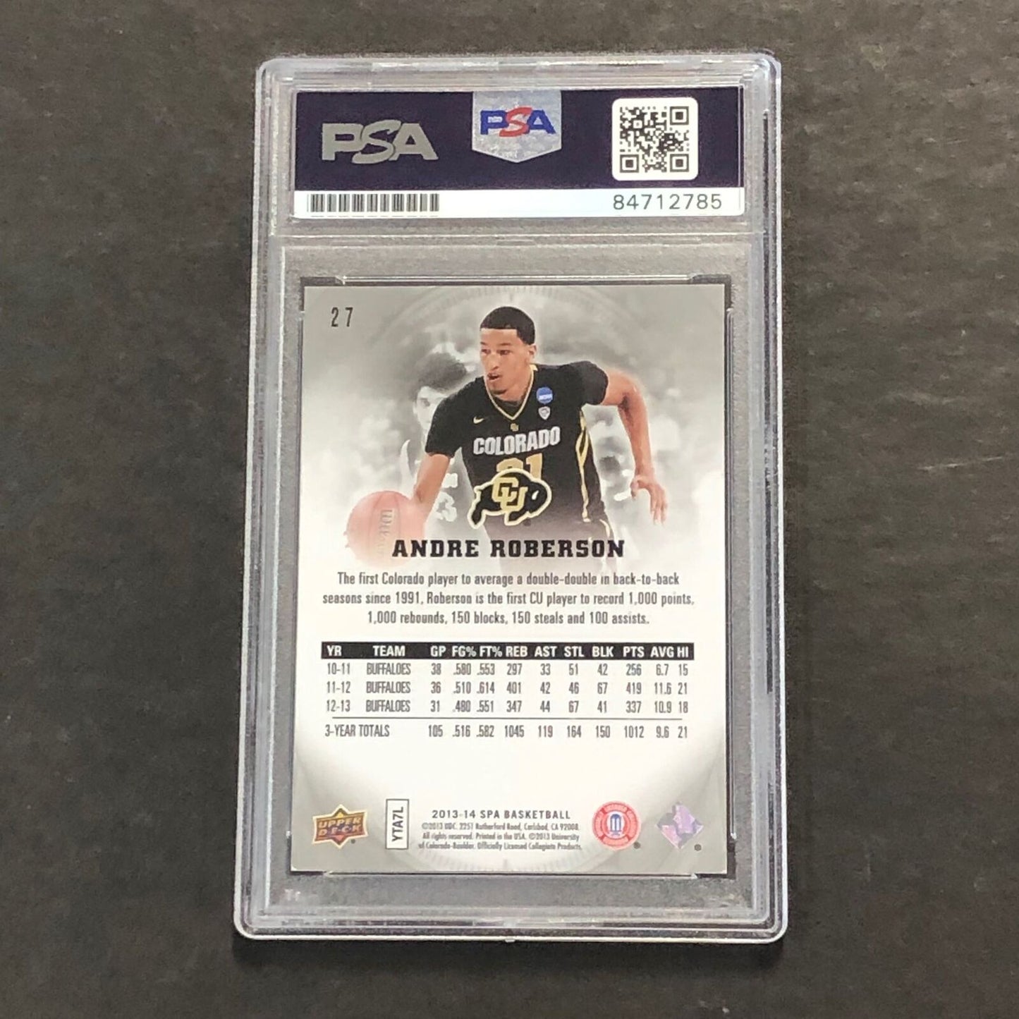 2013-14 Spa Basketball #27 Andre Roberson Signed Card AUTO PSA Slabbed Boulder