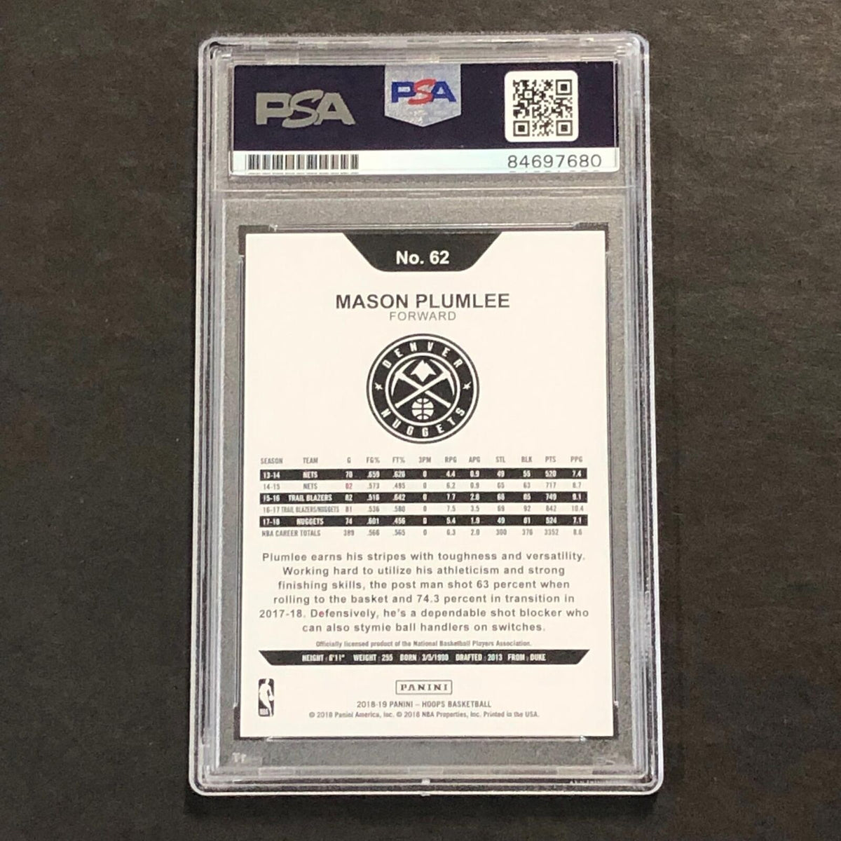 2018-19 Panini NBA Hoops #62 Mason Plumlee Signed Card AUTO PSA Slabbed Nuggets