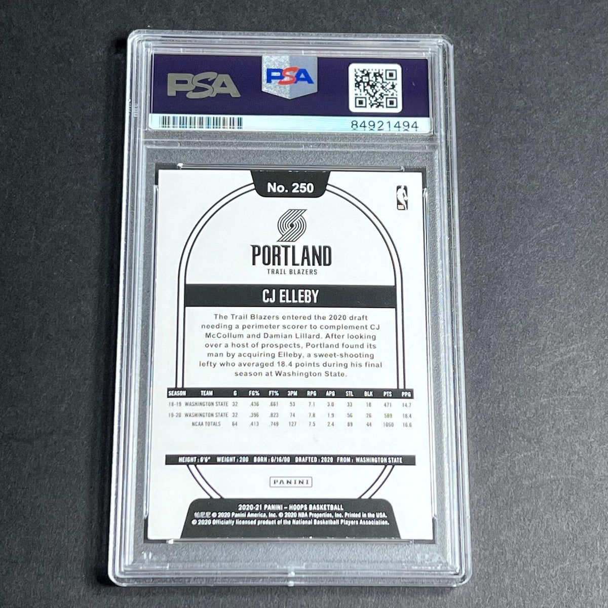 2020-21 NBA Hoops #250 CJ ELLEBY Signed Card AUTO 10 PSA Slabbed RC Trail Blazer