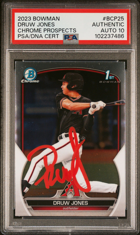 2023 Bowman Chrome Prospects #BCP25 Druw Jones PSA A Auto 10