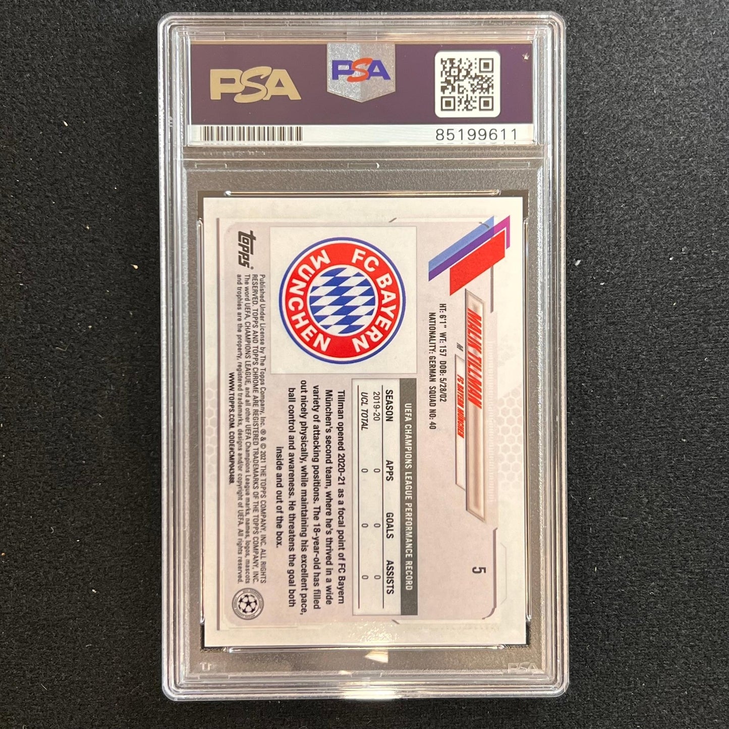2021 Topps Soccer #5 Malik Tillman signed Card PSA/DNA AUTO FC Bayern Munich