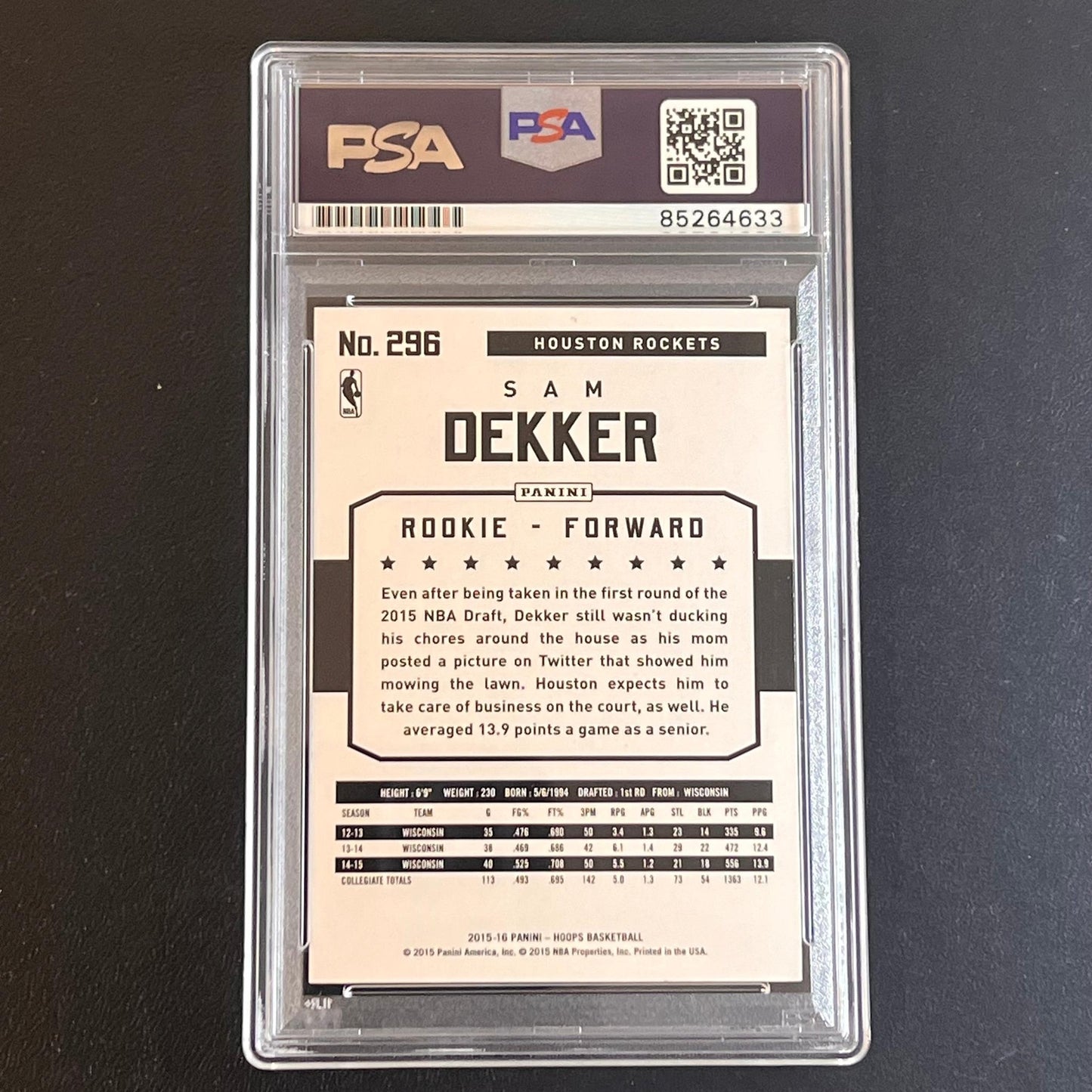 2015-16 NBA Hoops #296 Sam Dekker Signed Card AUTO 10 PSA Slabbed RC Rockets