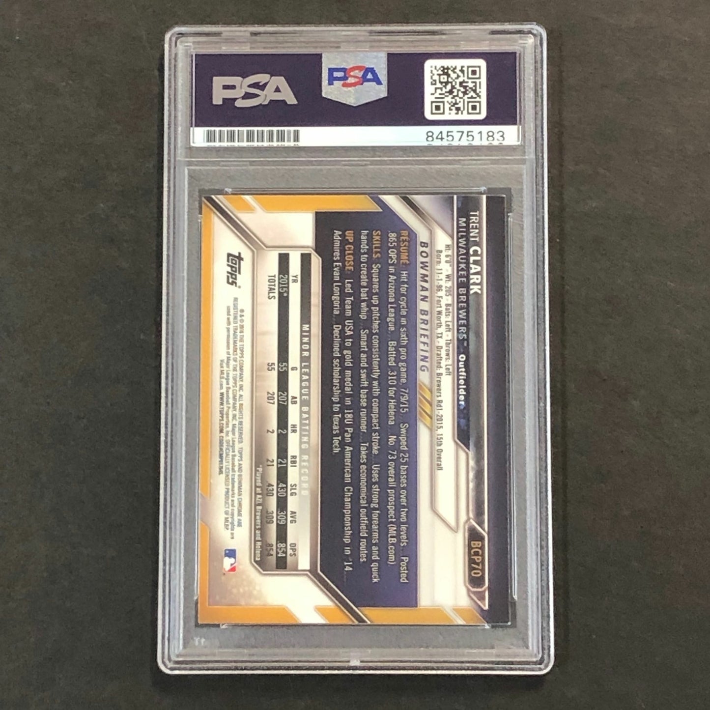 2016 BOWMAN CHROME #BCP70 Trent Clark Signed Card PSA Slabbed Auto Brewers