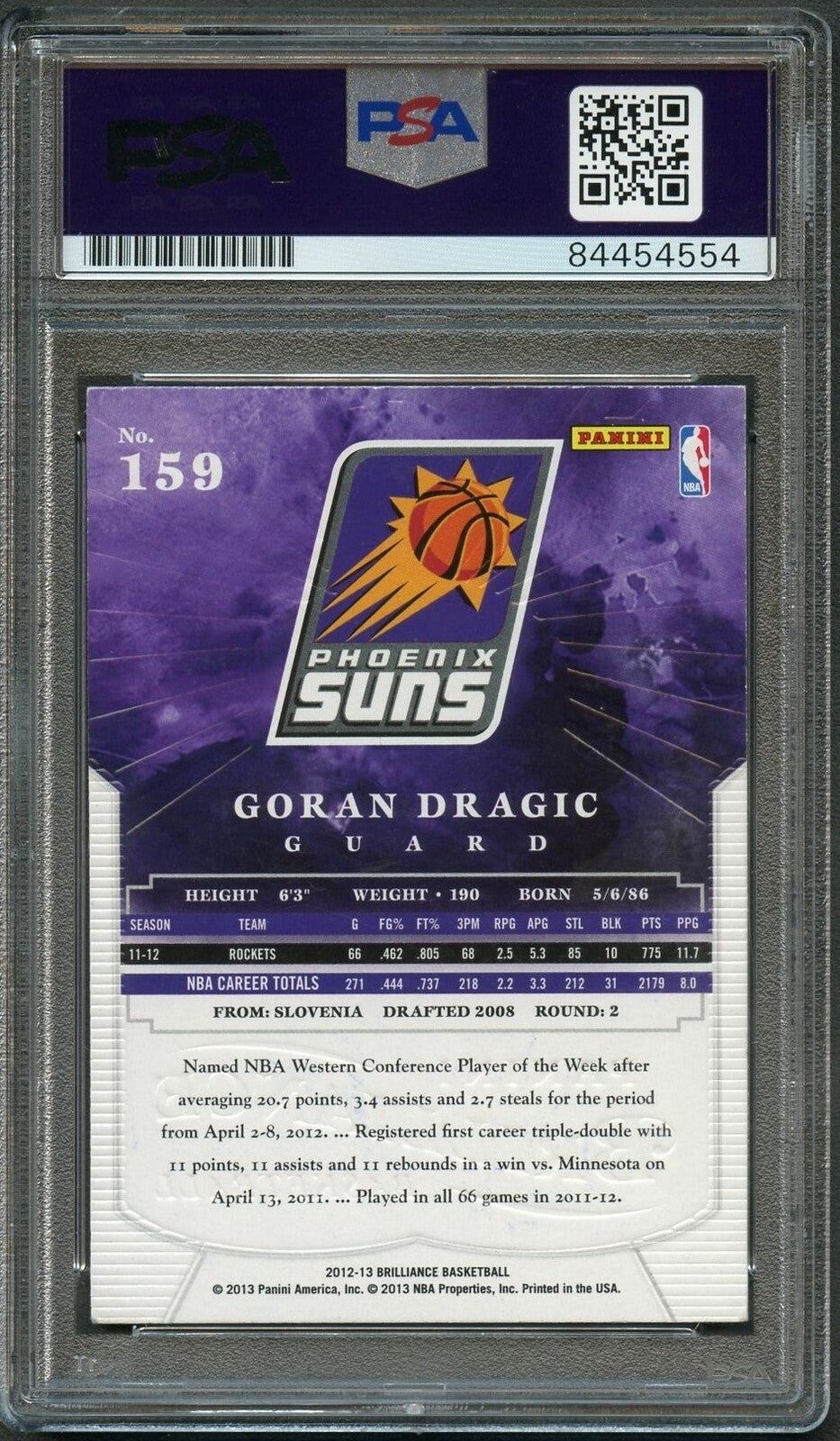 2012-13 Panini Brilliance #159 Goran Dragic Signed Card AUTO PSA/DNA Slabbed Sun