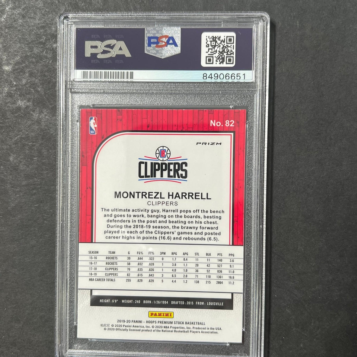 2019-20 Panini Hoops Premium Stock #82 Montrezl Harrell Signed Card AUTO PSA Sla