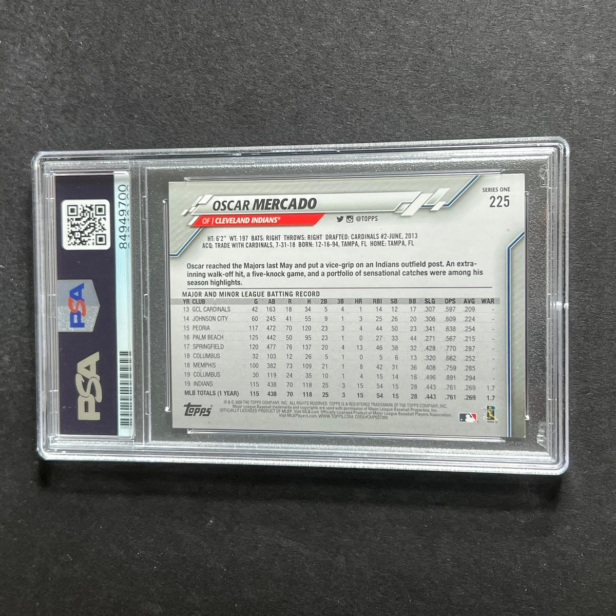 2020 Topps Future Stars #225 Oscar Mercado Signed Card PSA Slabbed Auto 10 Cleve