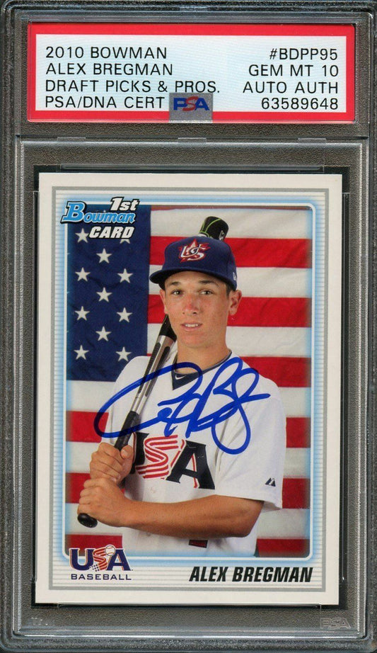 2010 Topps 1st Bowman Card #95 Alex Bregman Signed Card PSA GEM MINT 10  Slabbed