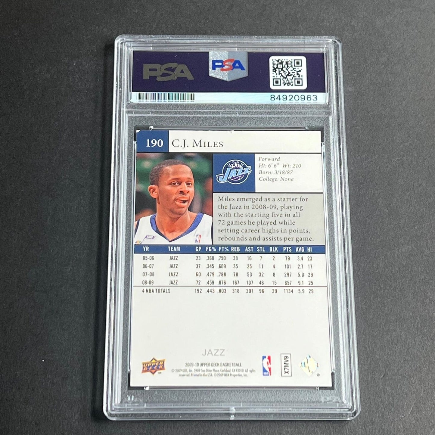 2019-2010 Upper Deck #190 CJ Miles Signed Card PSA Slabbed RC Jazz