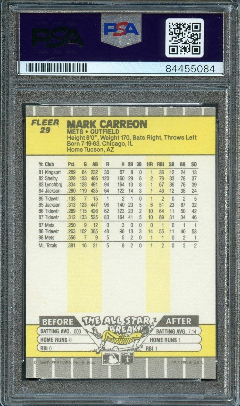 1989 Fleer #29 Mark Carreon Signed Card PSA Slabbed Auto Mets