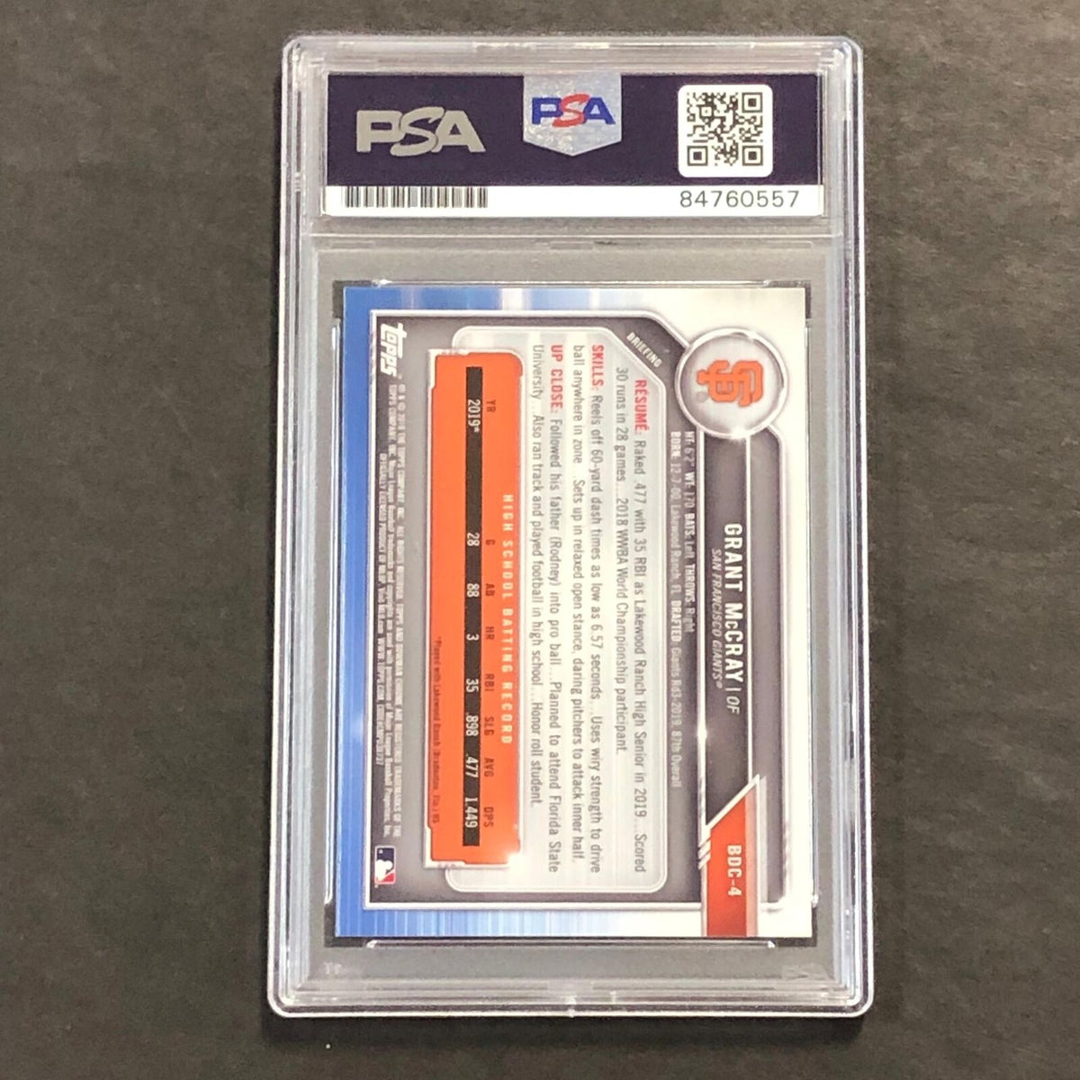 2019 Bowman #BDC-4 Grant McCray Signed Card PSA Slabbed Auto 10 Giants