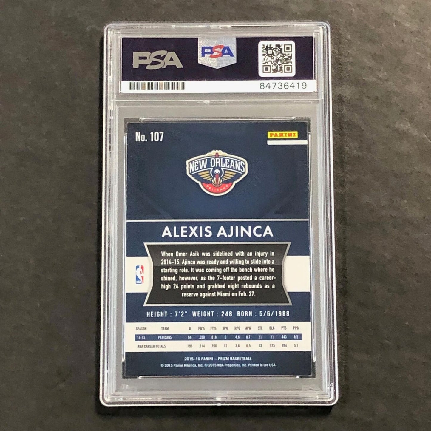 2015-16 Panini Prizm #107 Alexis Ajinca Signed Card AUTO PSA Slabbed Pelicans