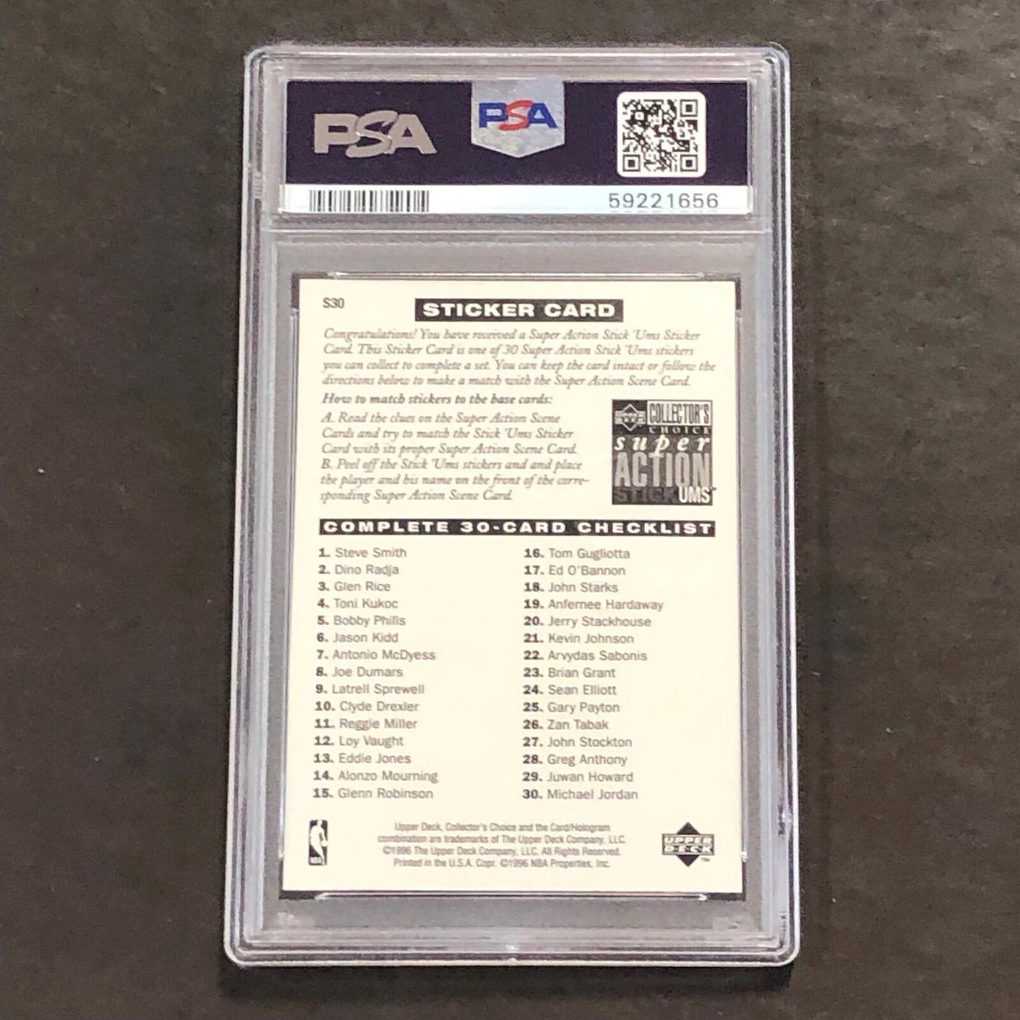 1996 Collectors Choice Stick-ums 2 White Jersey #S30 Michael Jordan PSA MINT 9 B