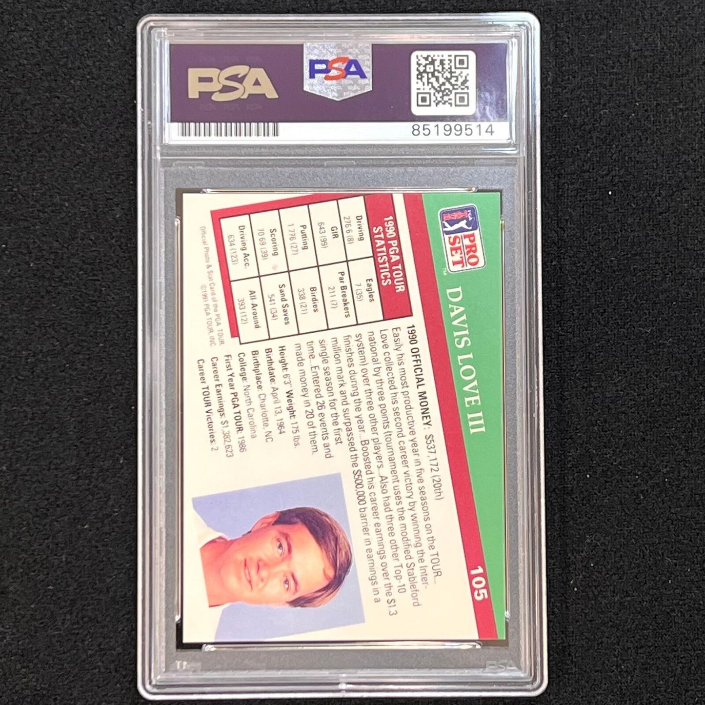 1990 PGA Tour Pro Set #105 Davis Love III Signed Card PSA/DNA Autographed Slabbe