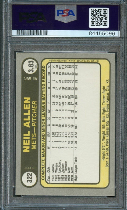 1981 Fleer #322 Neil Allen Signed Card PSA Slabbed Auto Mets