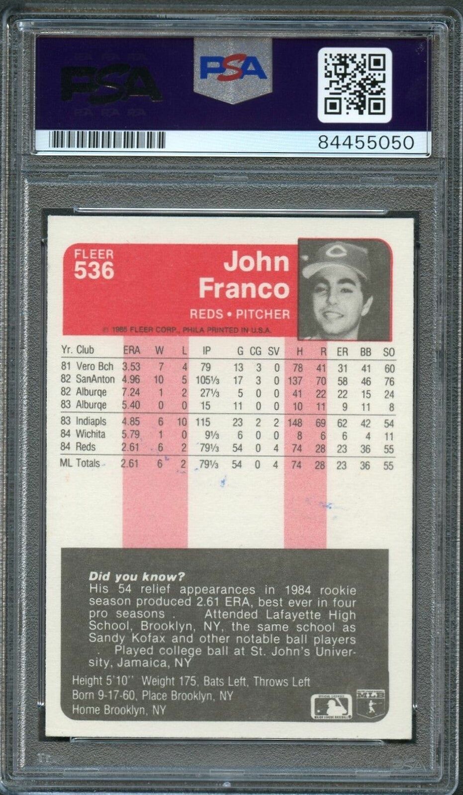 1985 Fleer #536 John Franco Signed Card PSA Slabbed Auto Reds