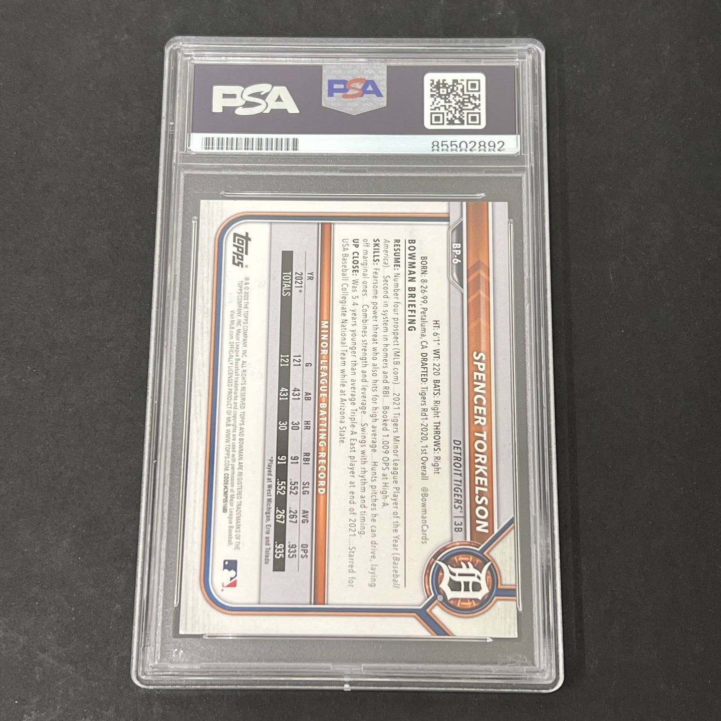 2022 Topps Bowman Prospects #BP-6 Spencer Torkelson signed card PSA Auto 10