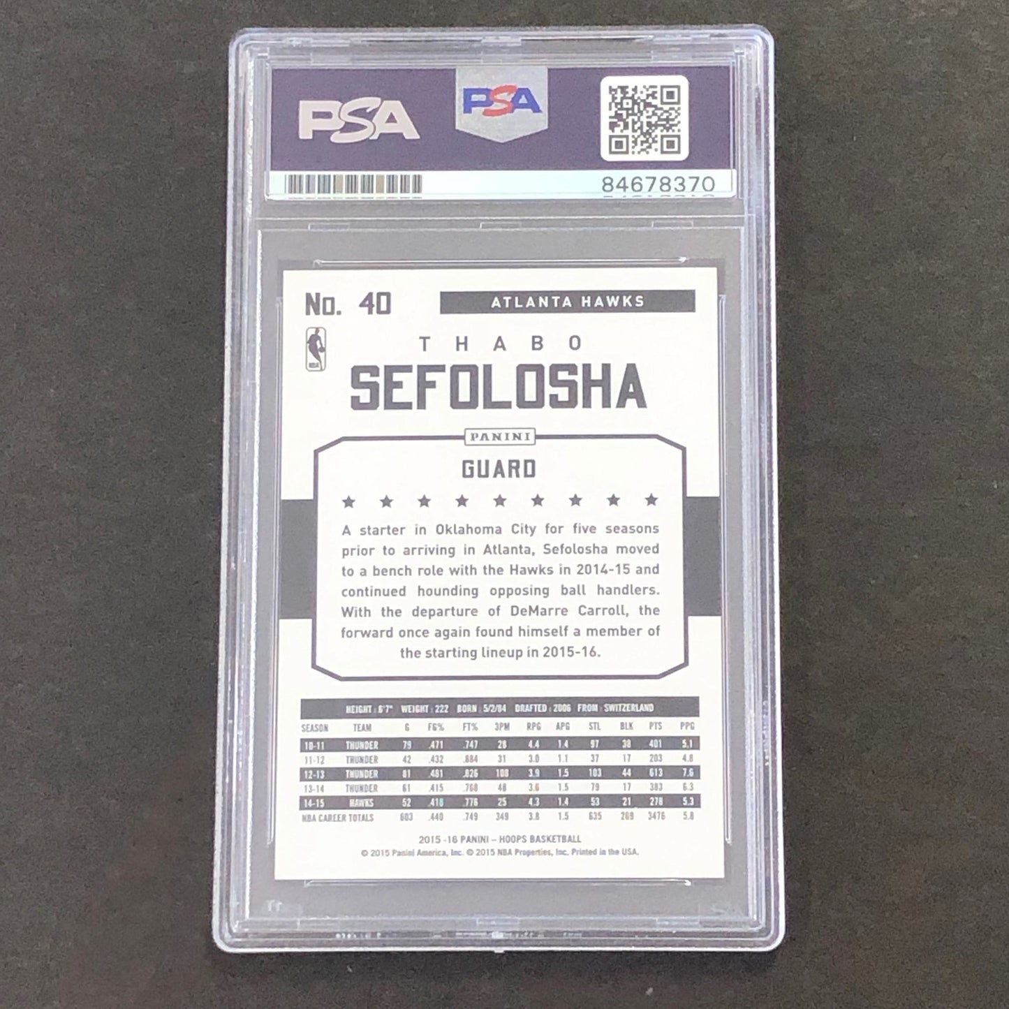 2015-16 NBA Hoops #40 Thabo Sefolosha Signed Card PSA/DNA Slabbed Hawks
