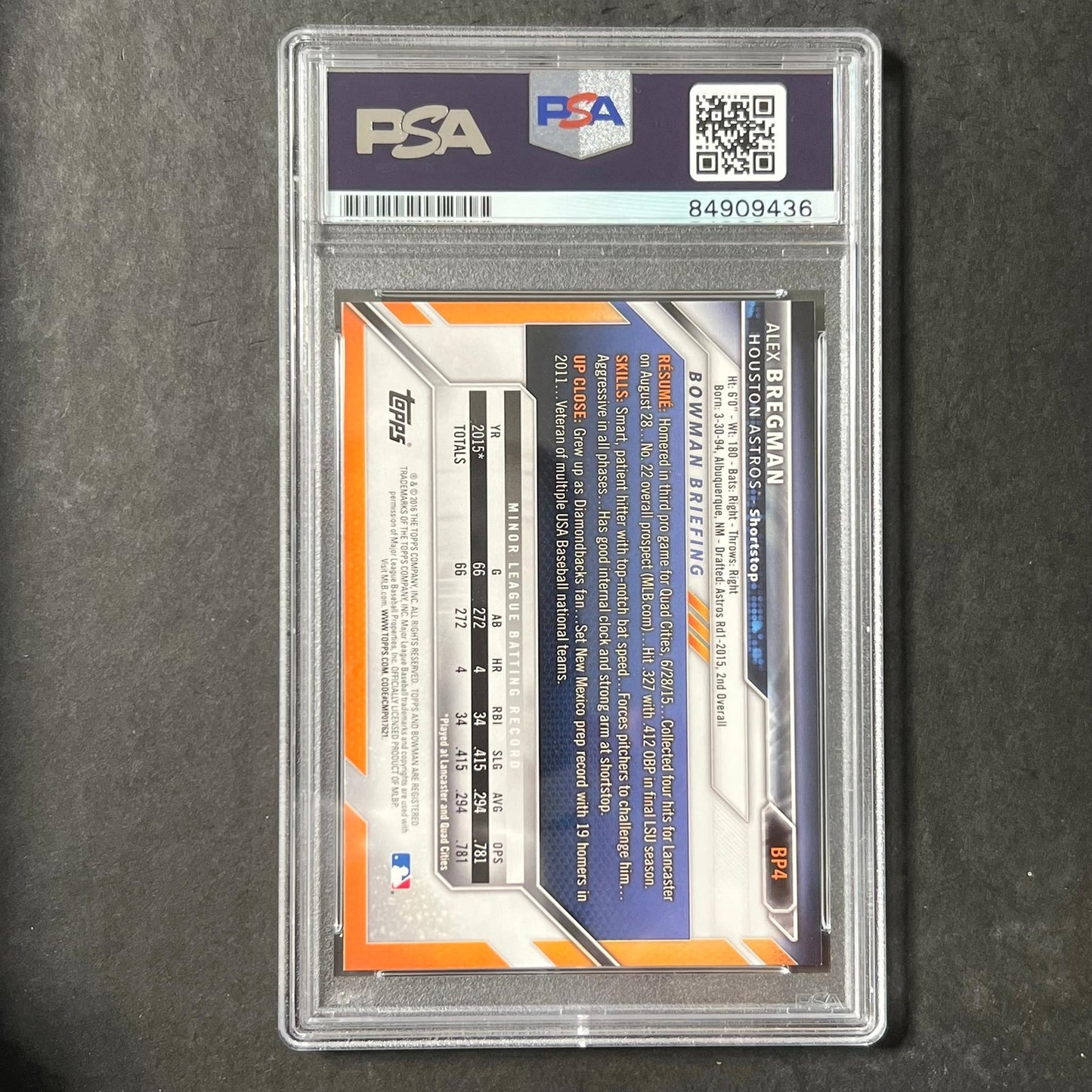 2016 Bowman #BP4 Alex Bregman Signed Card PSA Slabbed Auto Astros