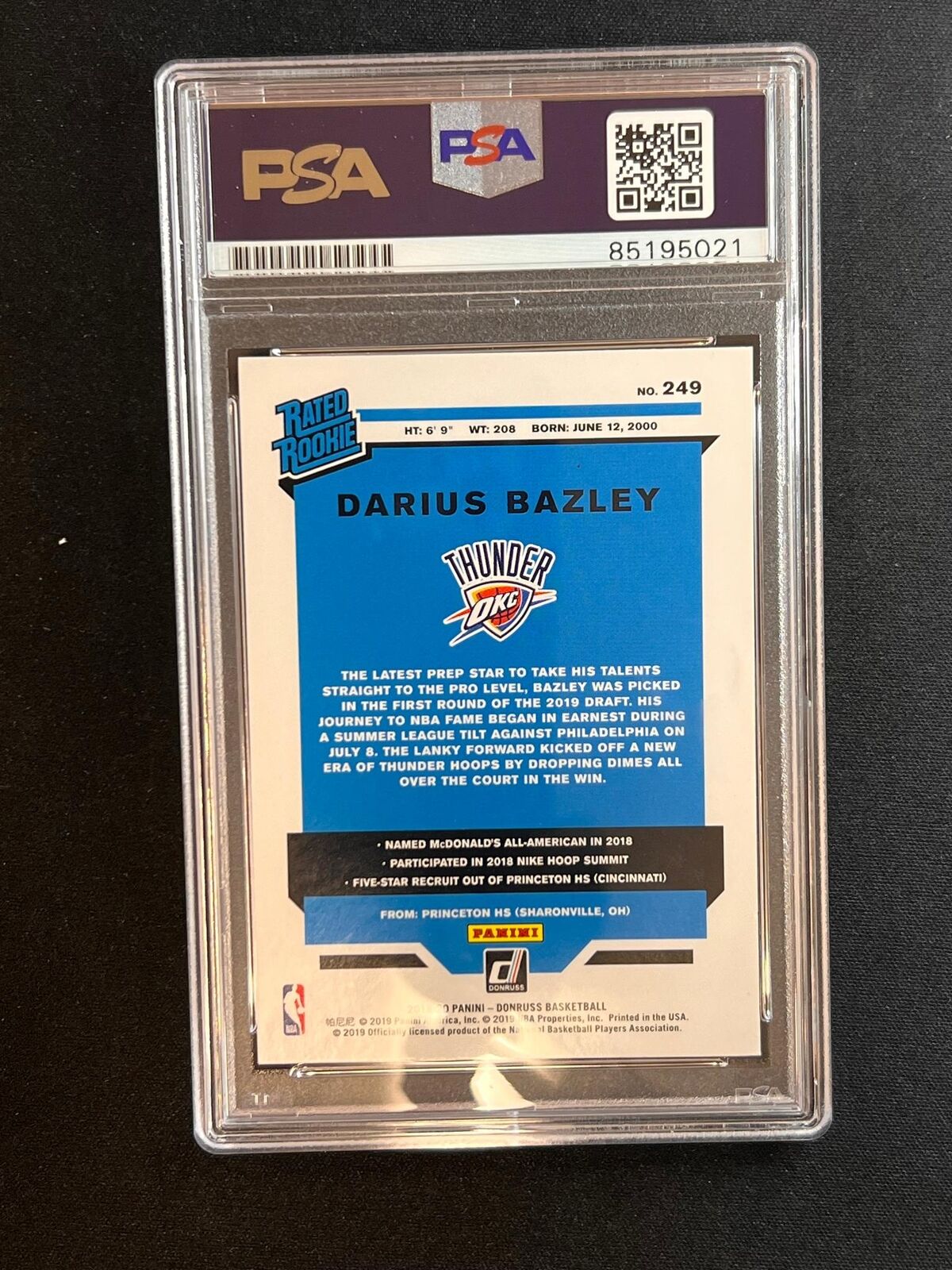 2019-20 Panini Donruss #249 Darius Bazley Signed Card AUTO PSA Slabbed Thunder