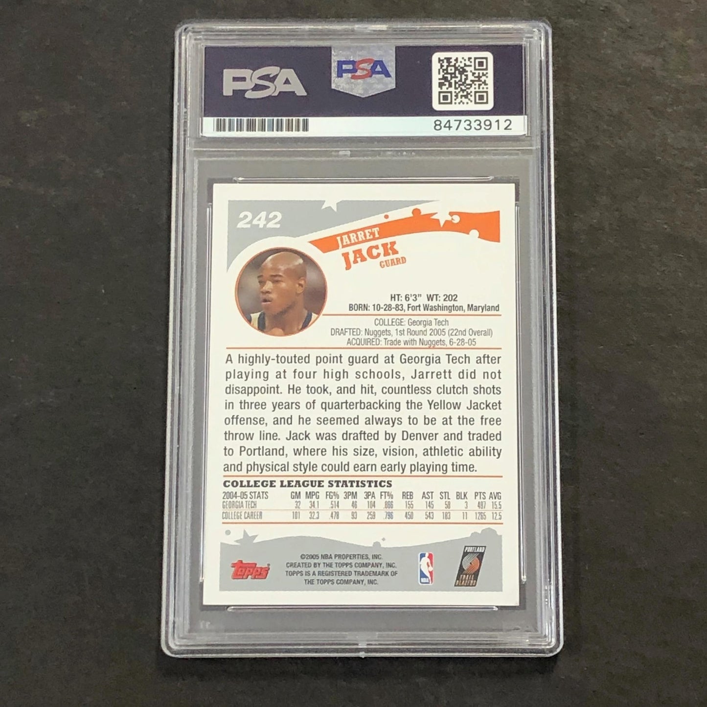 2005 Topps #242 Jarrett Jack Signed Card AUTO GRADE 10 PSA Slabbed RC Trail Blaz