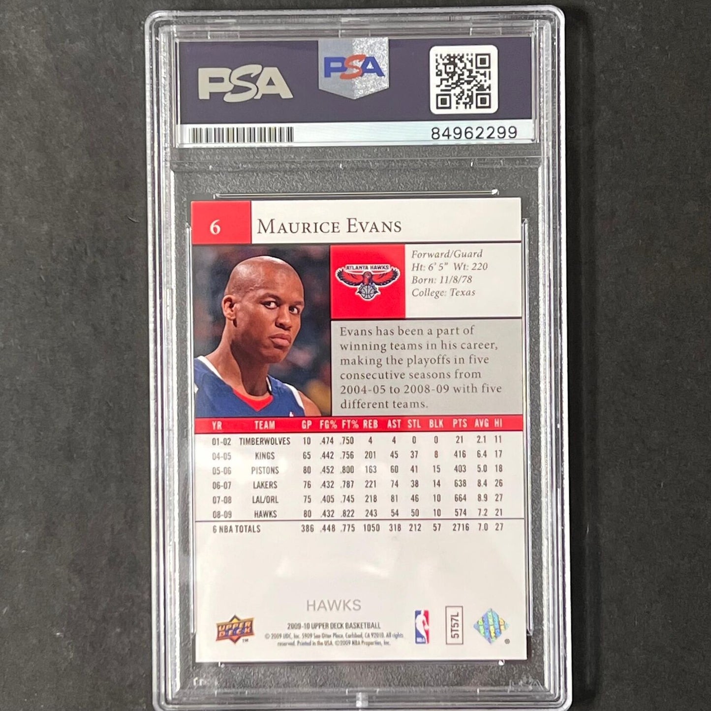2009-10 NBA Upper Deck #6 Maurice Evans signed Card Auto PSA Slabbed Hawks