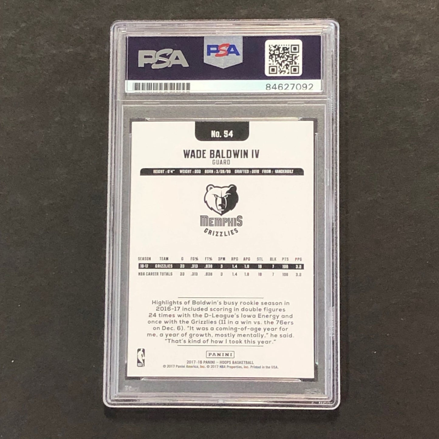 2017-18 NBA Hoops #54 Wade Baldwin IV Signed Card AUTO GRADE 10 PSA Slabbed Griz
