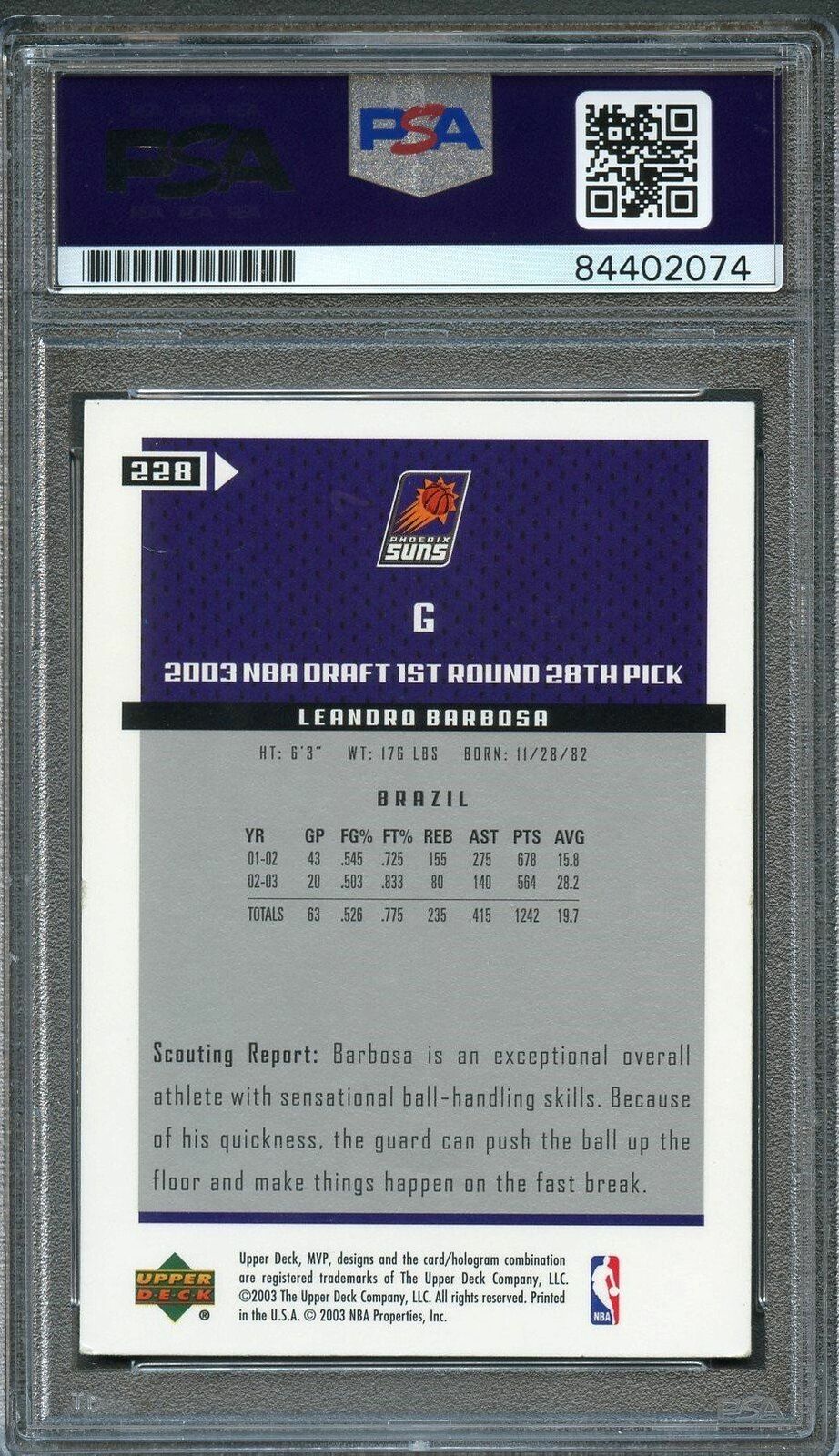 2003-04 Upper Deck MVP #228 Leandro Barbosa Signed Card AUTO PSA Slabbed Suns