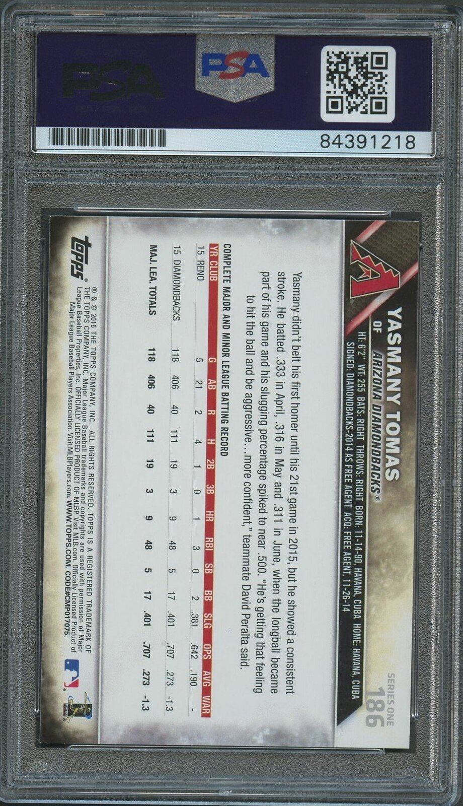 2016 Topps #186 Yasmany Tomas Signed Card PSA Slabbed Auto Dbacks