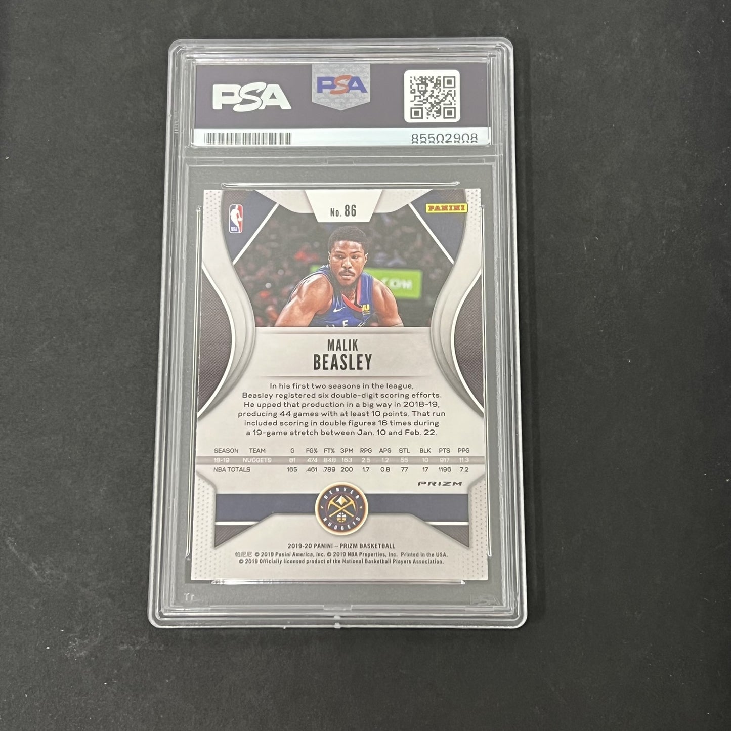 2019-20 Panini Prizm #86 Malik Beasley signed card PSA Auto 10 Nuggets