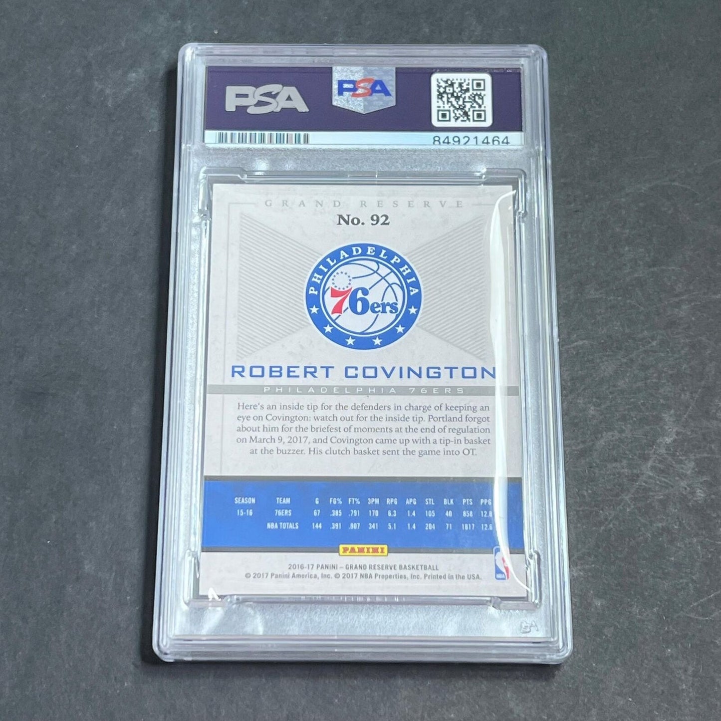 2016-17 Panini Grand Reserves #92 Robert Covington Signed Card AUTO 10 PSA Slabb
