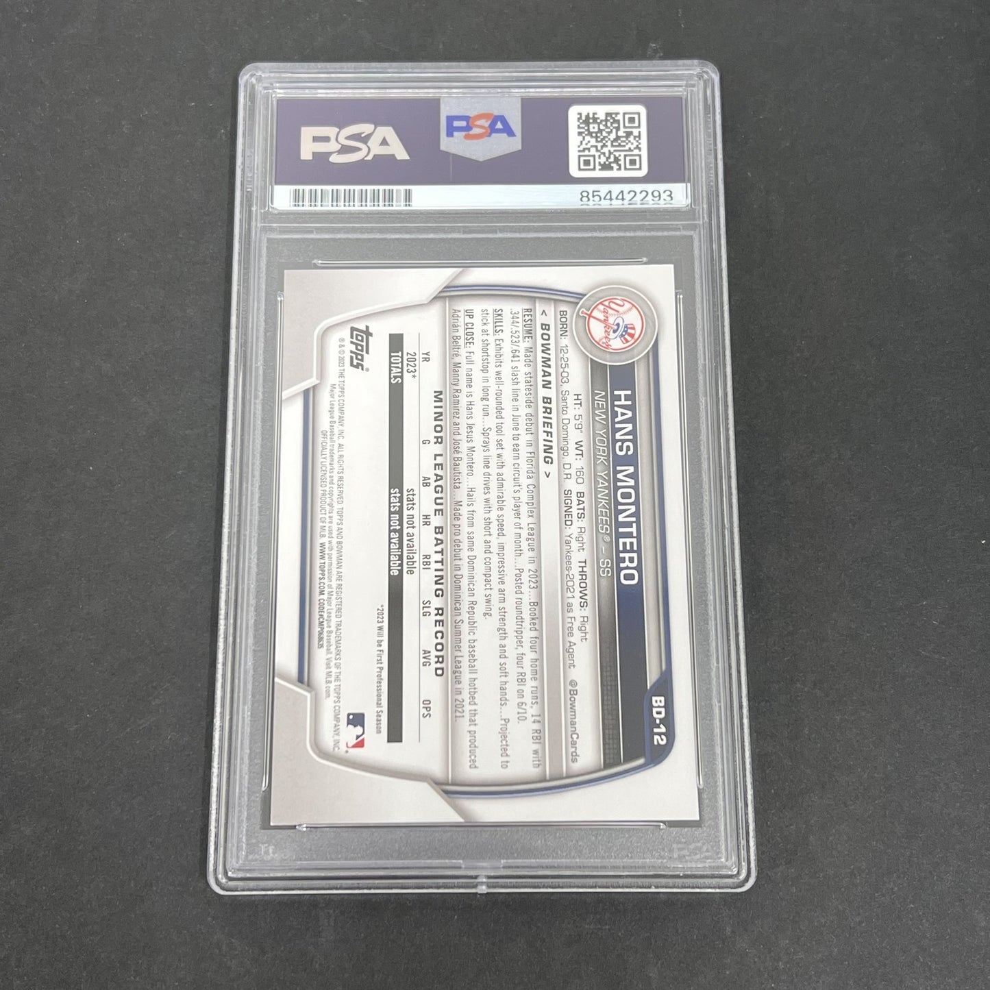 2023 Bowman #BD-12 Hans Montero signed card PSA Auto 10 Yankees