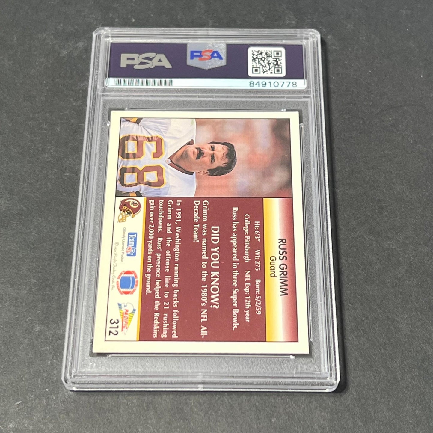 1992 Pacific Trading Card #312 Russ Grimm Signed Card AUTO 10 PSA Slabbed Washin