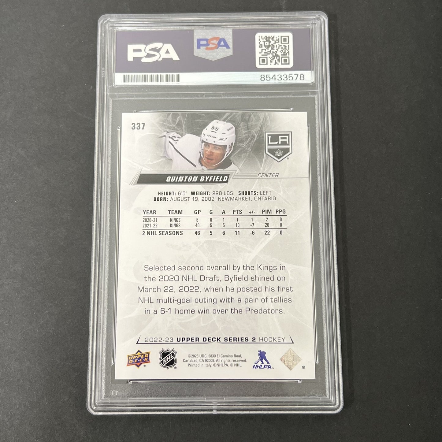 2022-2023 Upper Deck Series #337 Quinton Byfield signed card PSA Auto 10